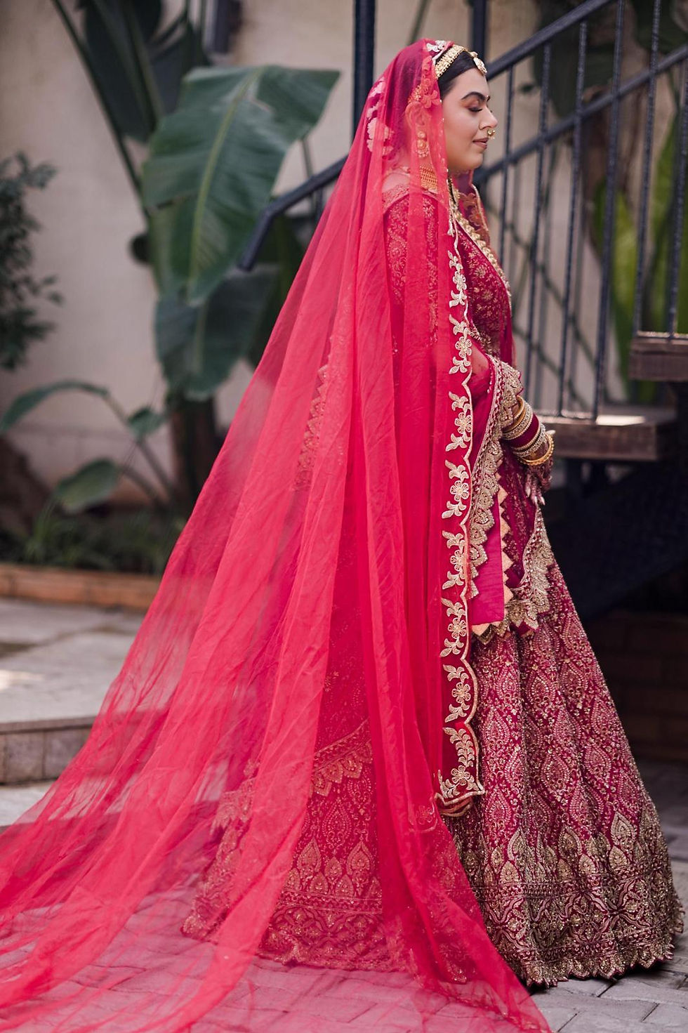 Thumbnail: Ragini | Deep Red Bridal Veil with Gold Hand Embroidery