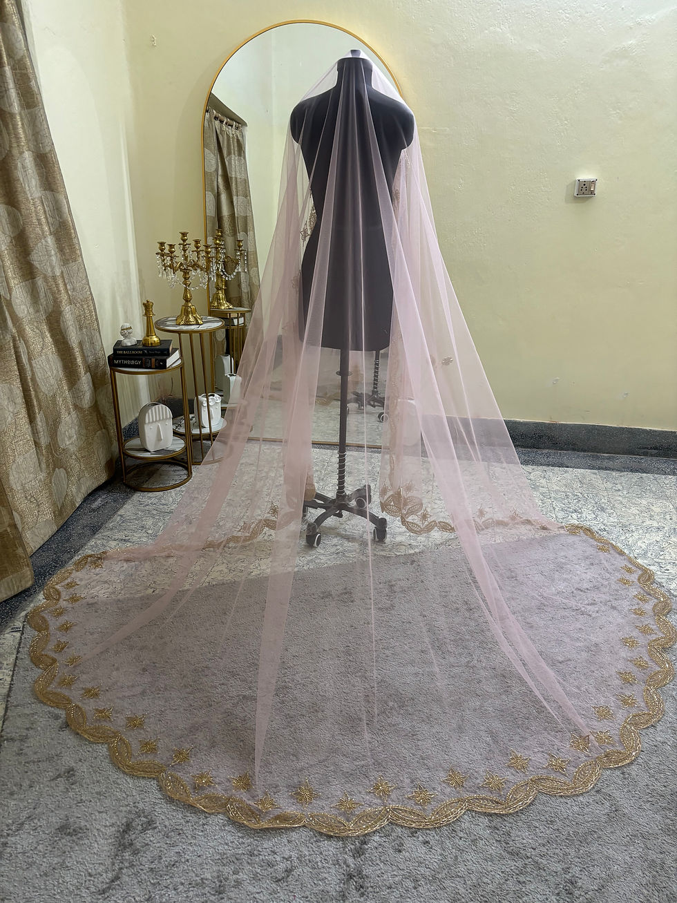Thumbnail: Aurelia | Blush Pink Church-Length Bridal Veil with Gold Hand Embroidery