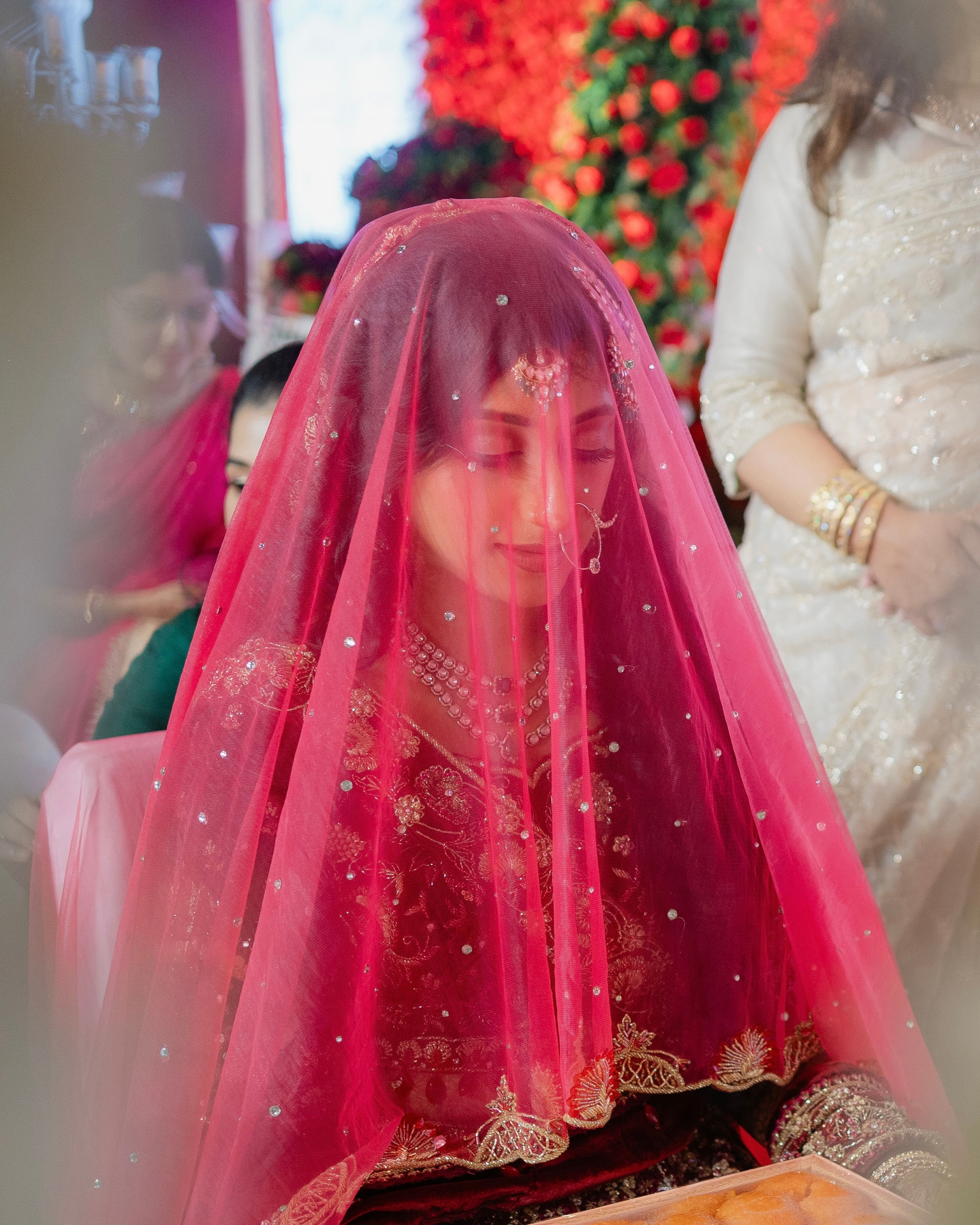 Sajida | Rani Pink Royal-Length Bridal Veil with Gold Embroidery