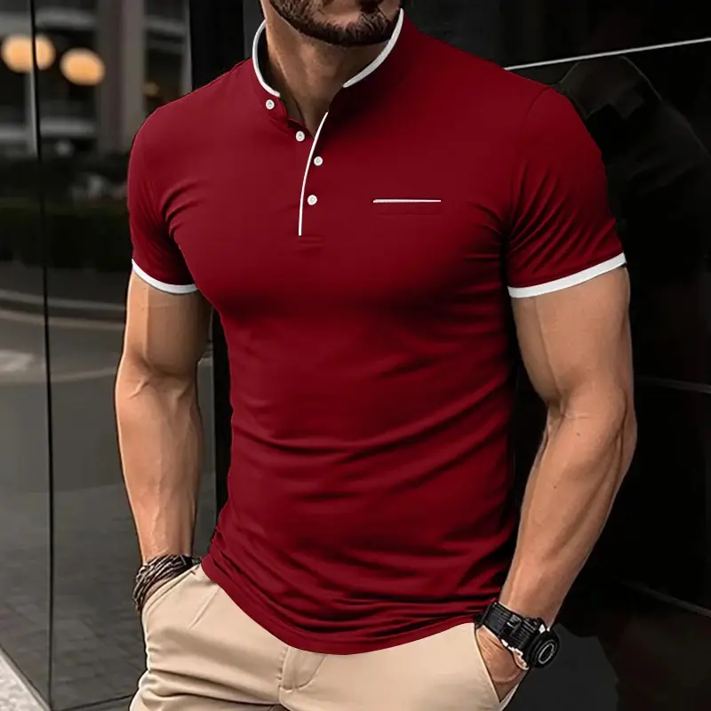 Miniatura: Camisa masculina casual e moderna de cor sólida, manga curta e gola alta