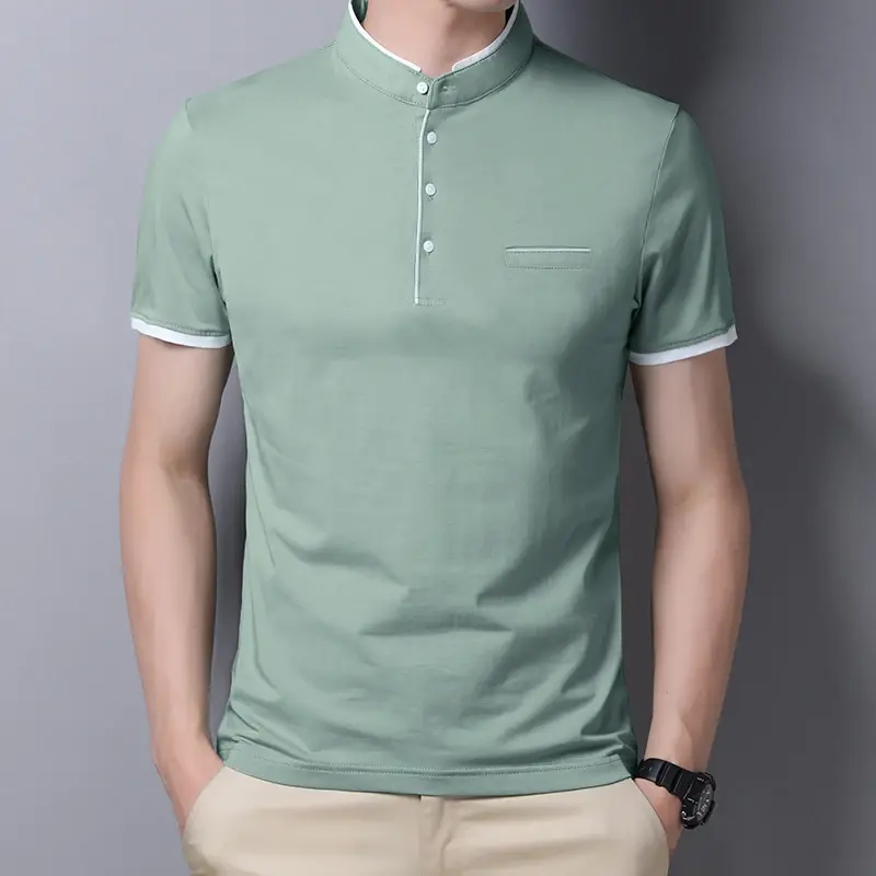 Miniatura: Camisa masculina casual e moderna de cor sólida, manga curta e gola alta