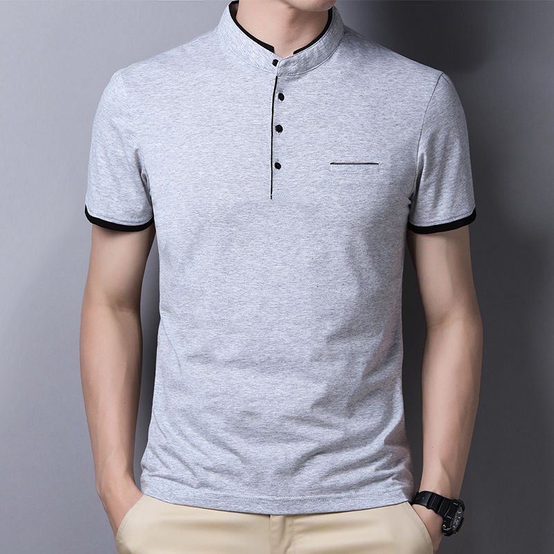 Miniatura: Camisa masculina casual e moderna de cor sólida, manga curta e gola alta
