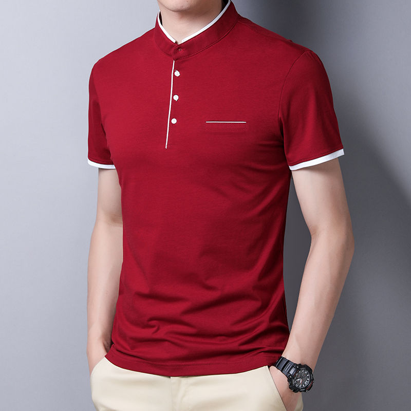 Miniatura: Camisa masculina casual e moderna de cor sólida, manga curta e gola alta