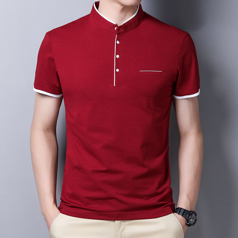Miniatura: Camisa masculina casual e moderna de cor sólida, manga curta e gola alta