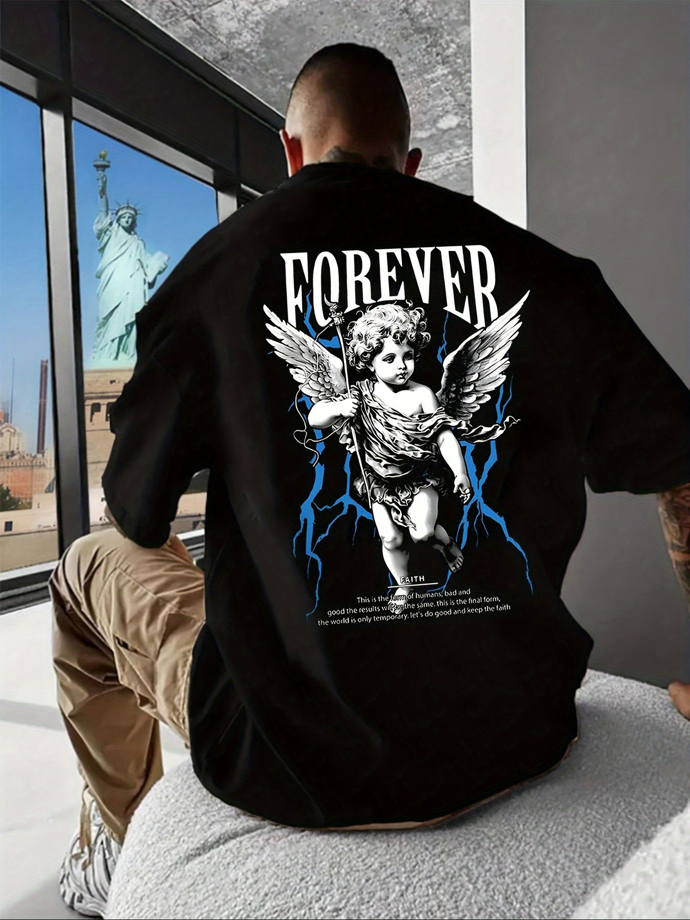 Fashionable Men's New Little Angel Printed Comfortable and Breathable Round Neck