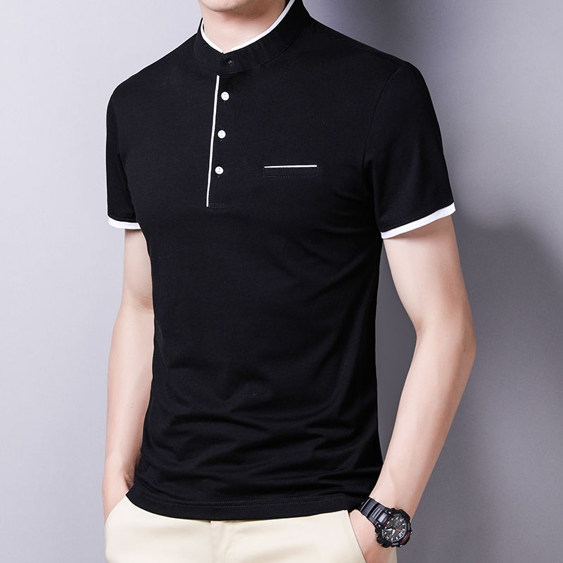 Miniatura: Camisa masculina casual e moderna de cor sólida, manga curta e gola alta