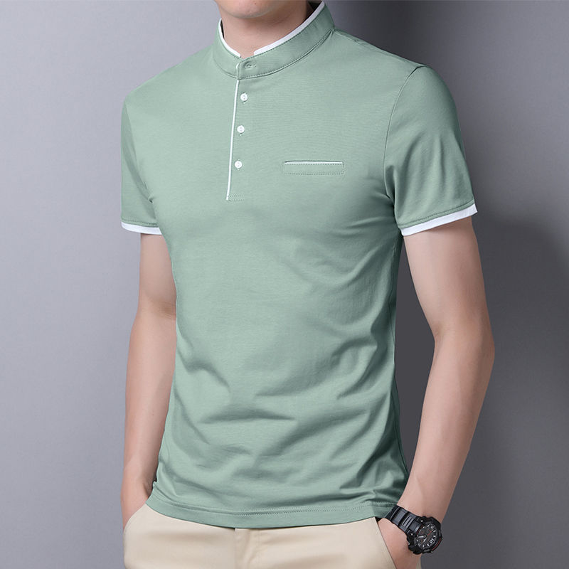 Miniatura: Camisa masculina casual e moderna de cor sólida, manga curta e gola alta