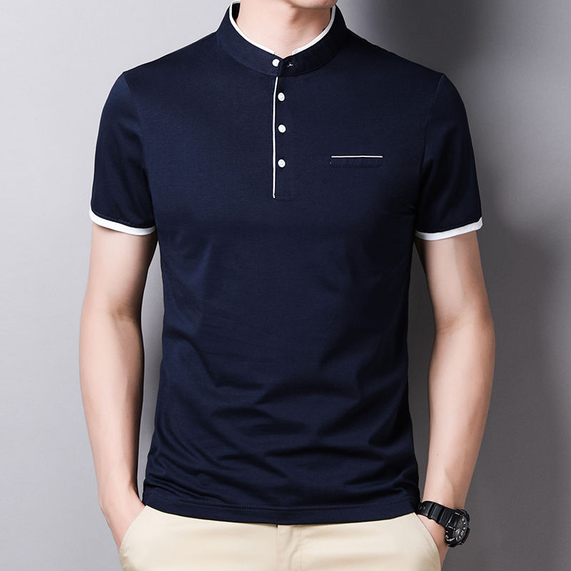 Miniatura: Camisa masculina casual e moderna de cor sólida, manga curta e gola alta