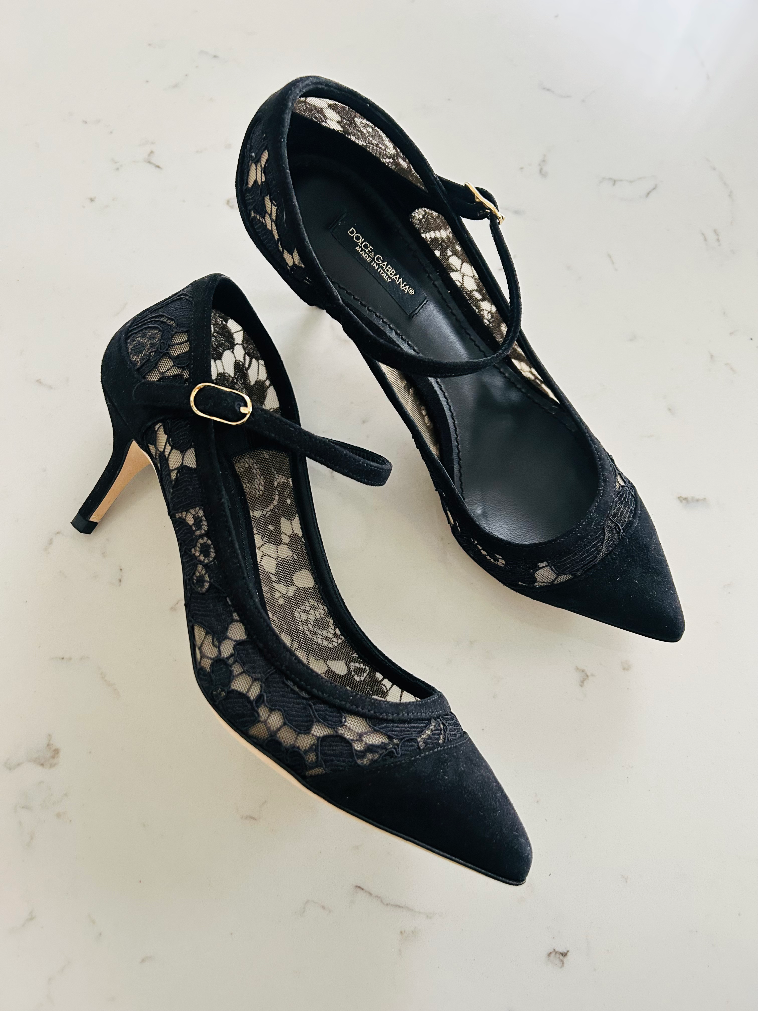 DOLCE & GABBANA Black Suede and Lace “Nero” Kitten Heels sz 36.5 US 6M