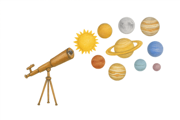 Telescoop waar planeten uit komen: Saturnus, Jupiter, Mars, Venus, Mercurius, Maan en Zon