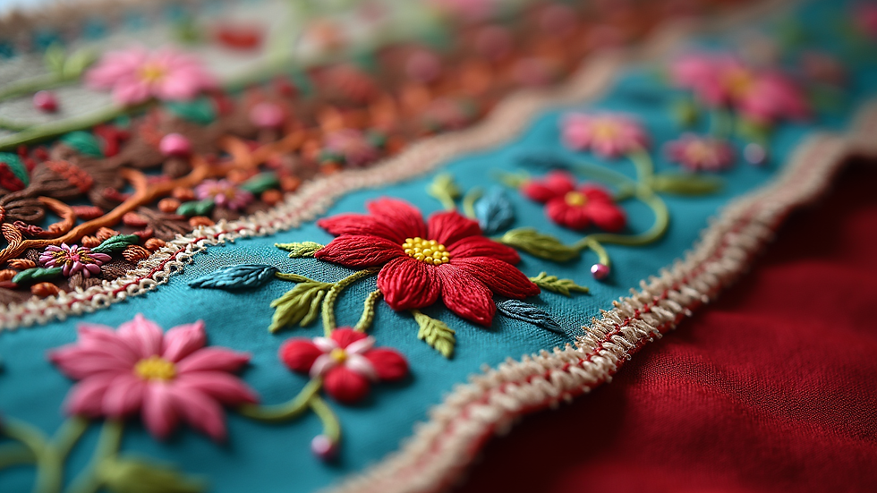 Close-up view of colourful embroidered fabric
