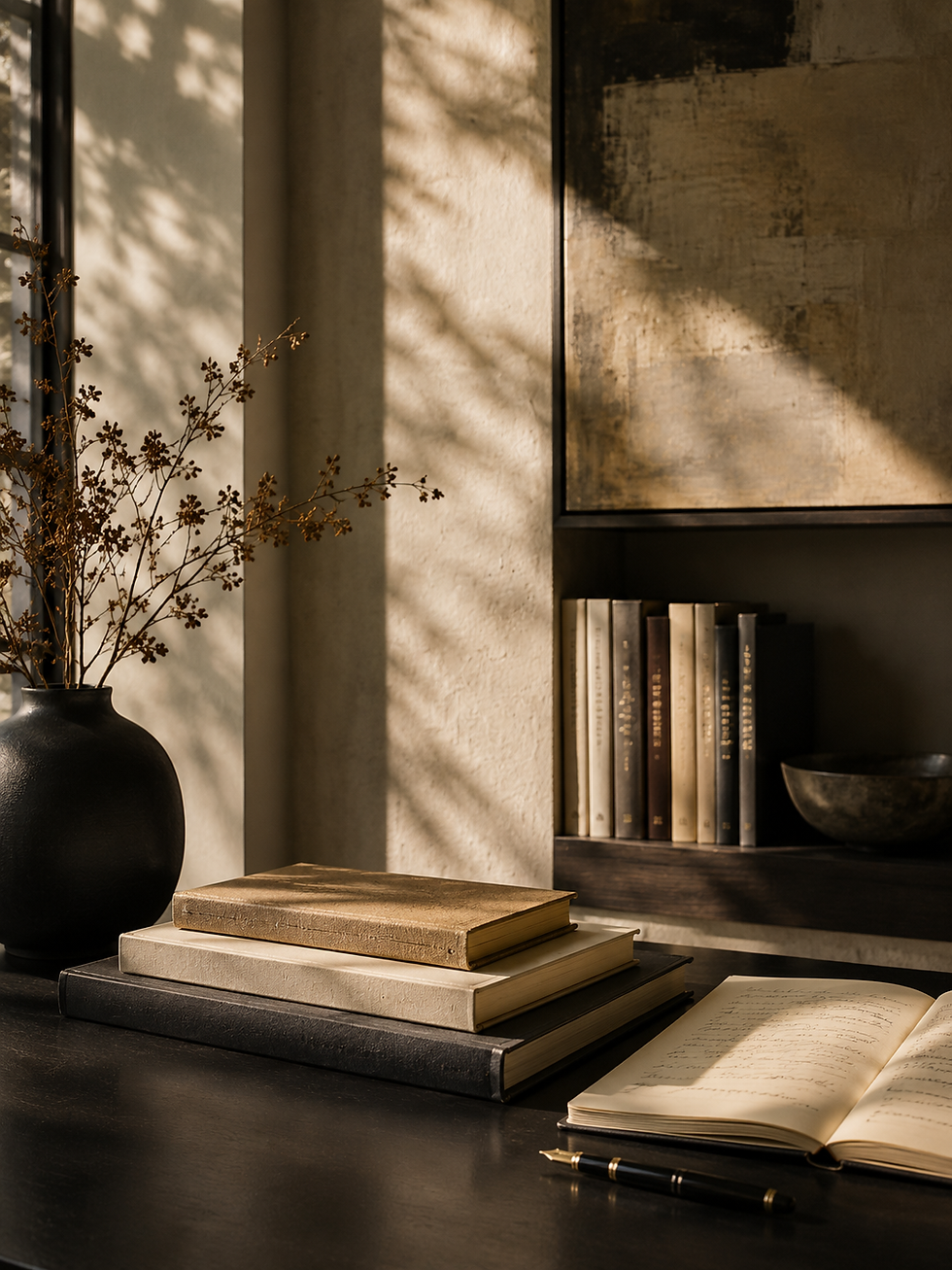 Warm literary interior with books and writing desk representing Replenish Publishing’s independent publishing philosophy