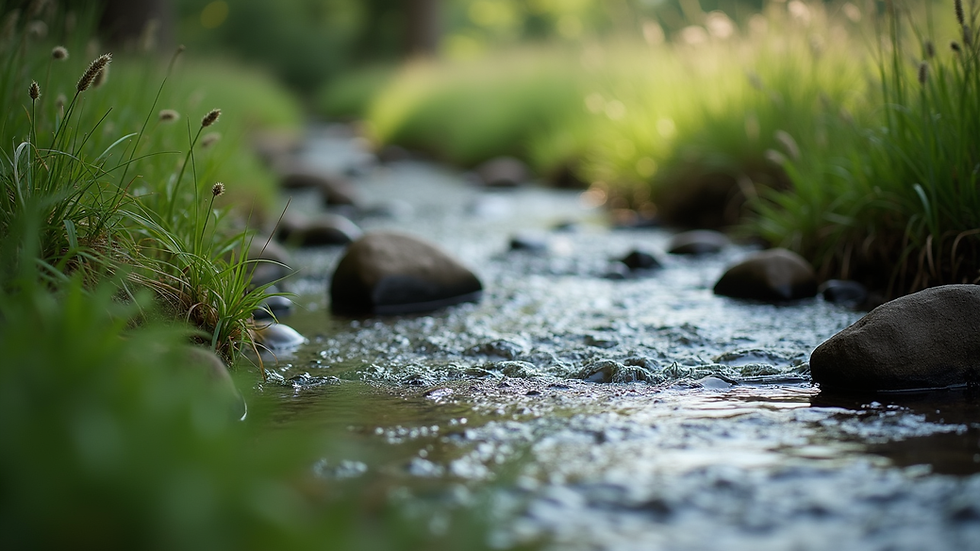 Close-up view of a serene nature scene with a flowing stream