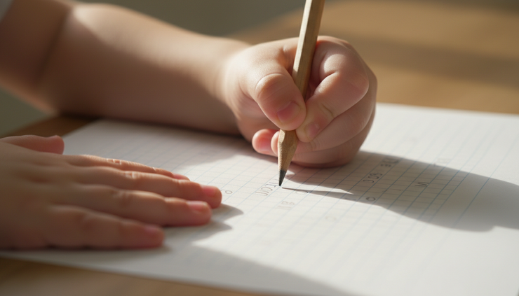 Close-up of a child's hand holding a pencil on lined paper.
