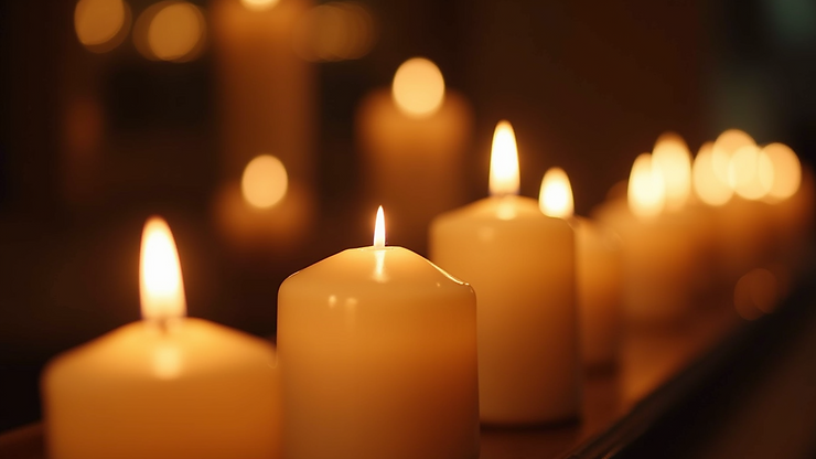 Close-up view of pillar candles glowing softly