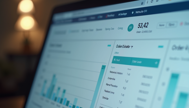 Close-up view of computer screen showing Netsuite ERP dashboard with order data