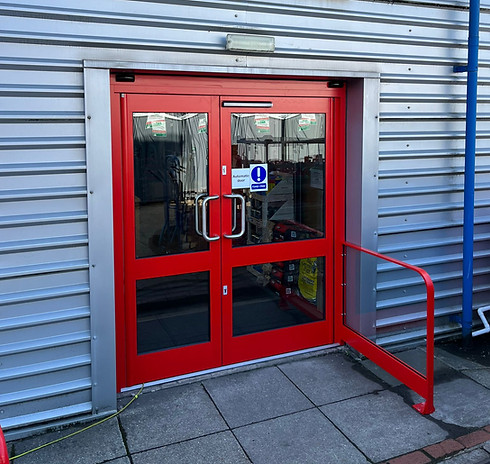 electric opening, red aluminium commercial metal doors, Southampton Hampshire