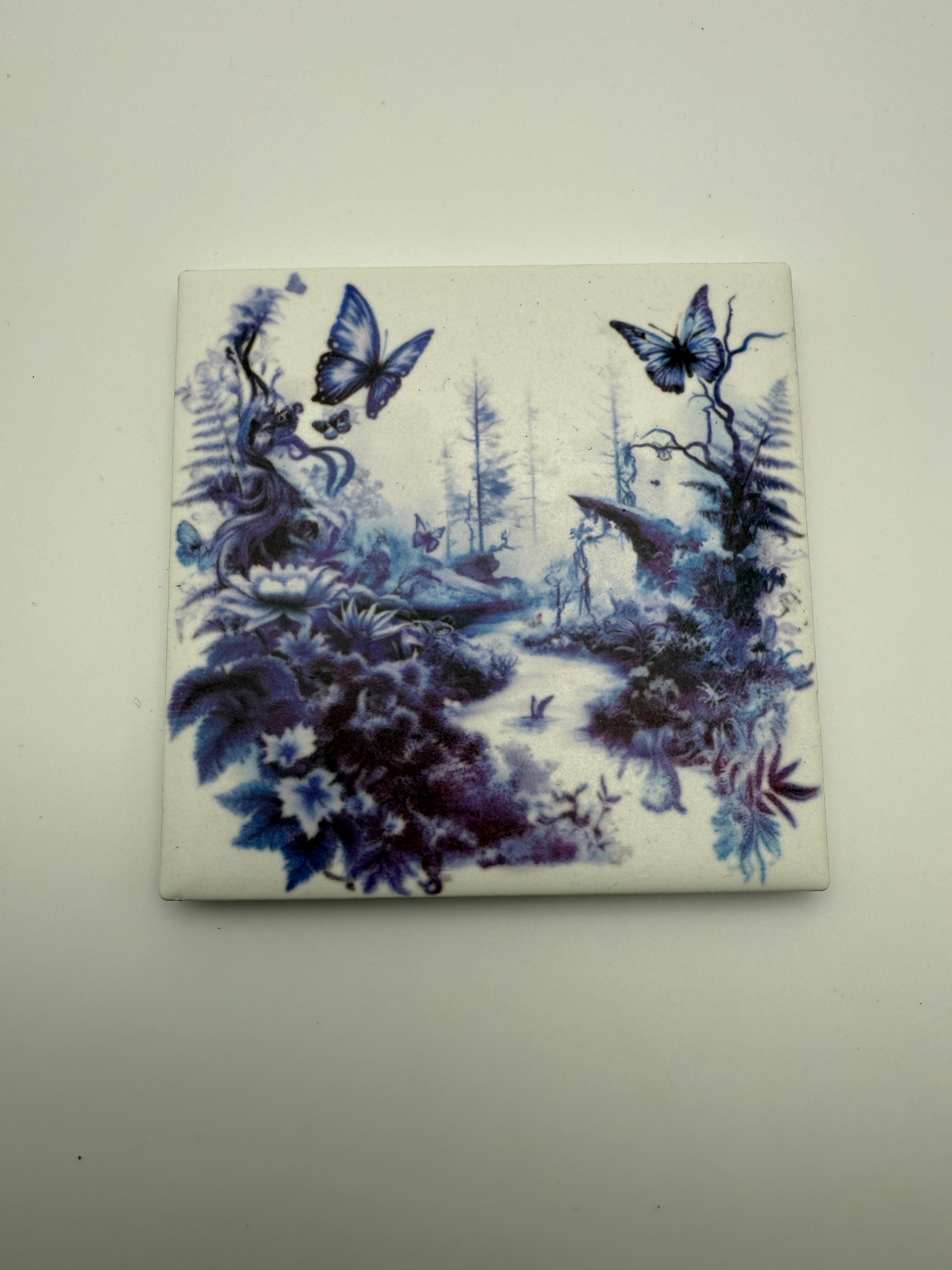 4.25x4.25" Sublimated Ceramic Coaster with Cork Backing – Blue Fairy Forest