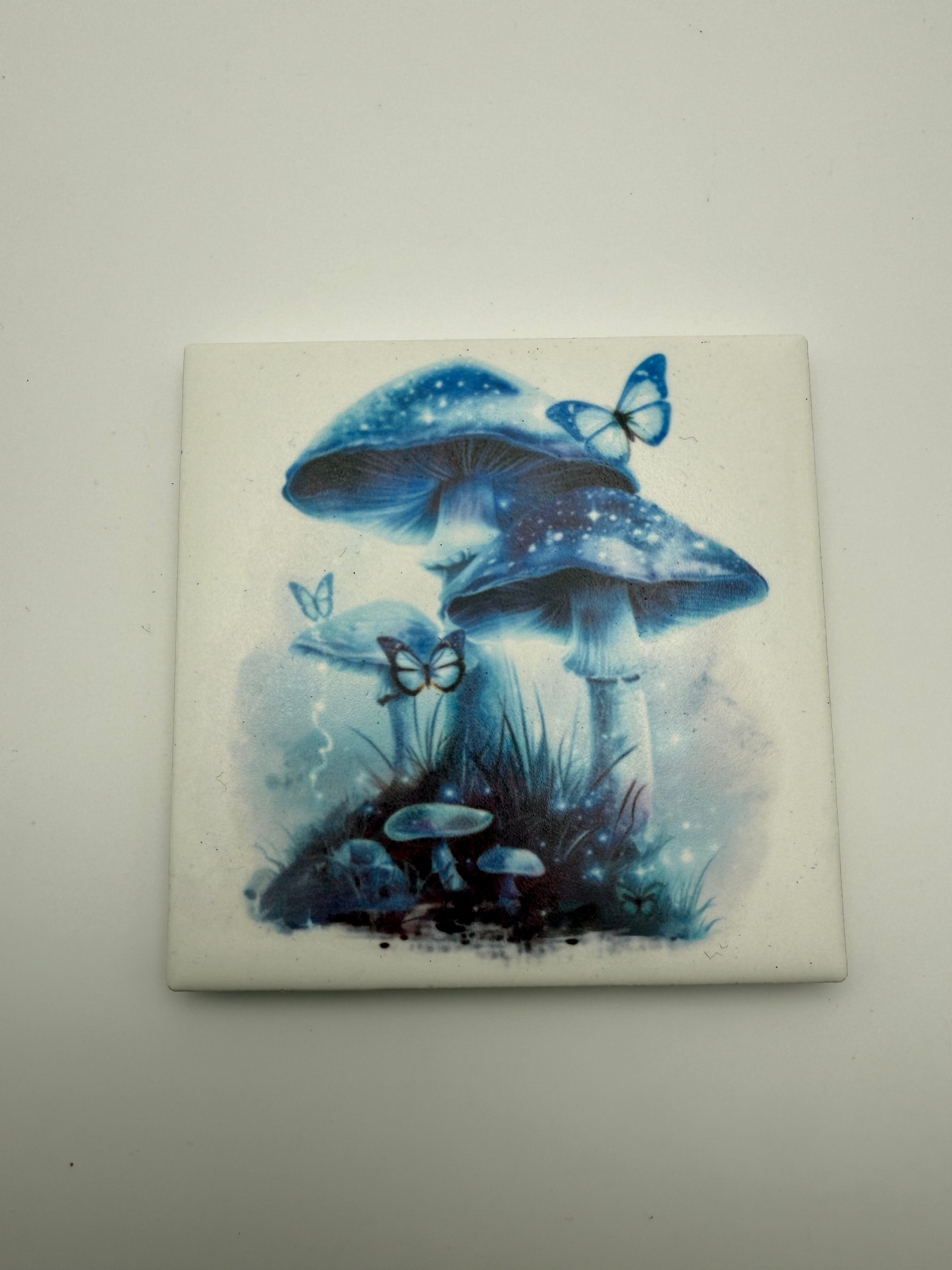 4.25x4.25" Sublimated Ceramic Coaster with Cork Backing – Blue Fairy Mushroom