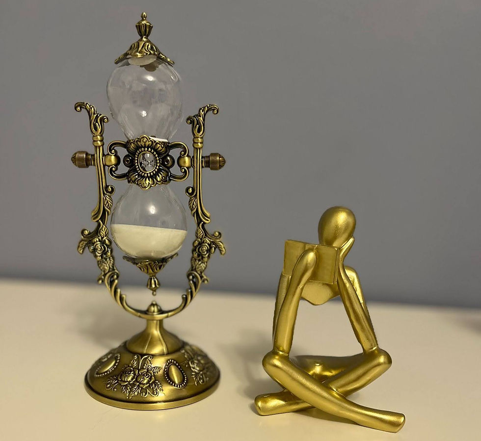 Decorative hourglass and abstract reading figure symbolizing time management, focus, and executive functioning challenges in adults with ADHD