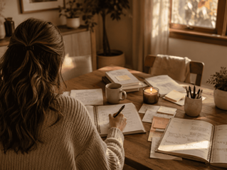 Woman seated at a table reviewing planners, notes, and reminders while managing organization and daily responsibilities, representing ADHD in women and executive functioning challenges.