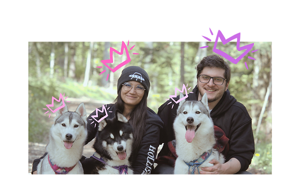 Photos de familles des deux humains avec trois husky