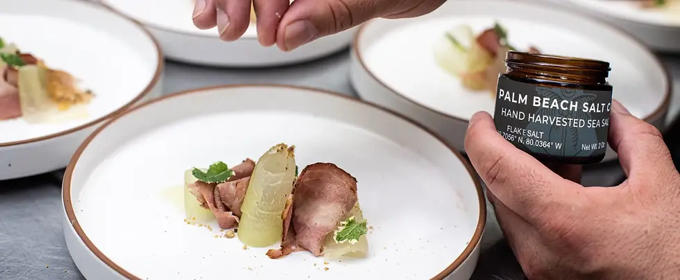 a close up of a chef seasoning a plate of food with hand harvested sea salt