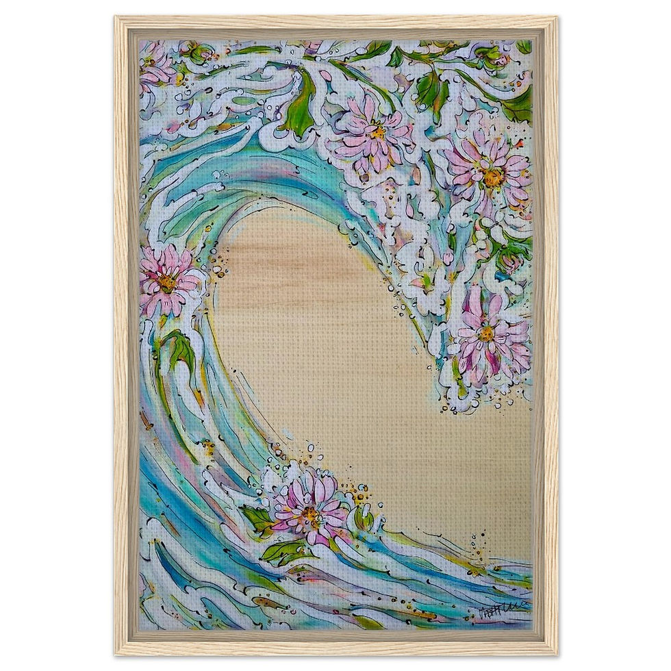 Thumbnail: Sweet Dahlia Wave Framed Canvas Wall Art | Pink Blooms & Natural Woodgrain Sky