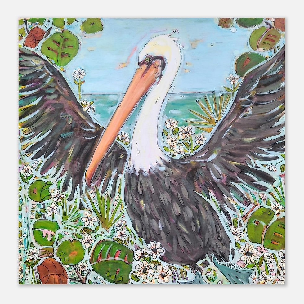 Thumbnail: Whimsical Dancing Brown Pelican Poster – Vibrant Seagrapes & Daisies Art