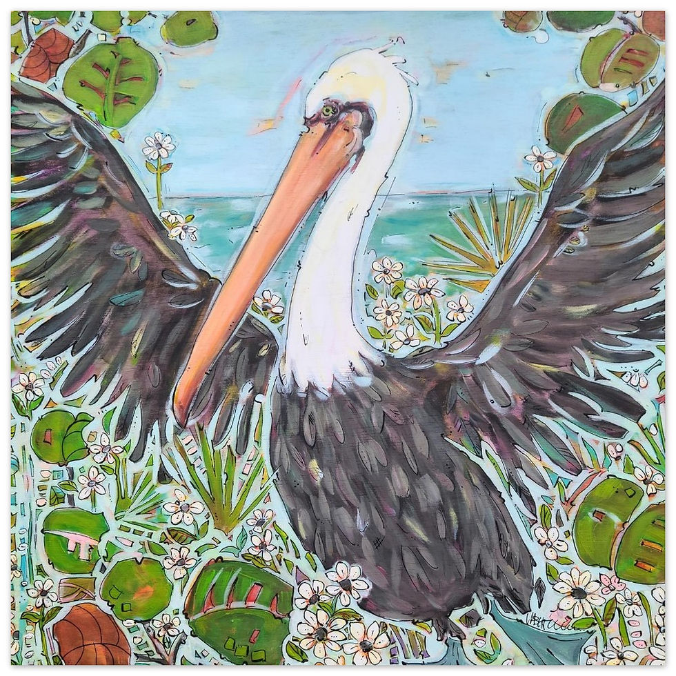 Thumbnail: Whimsical Dancing Brown Pelican Poster – Vibrant Seagrapes & Daisies Art