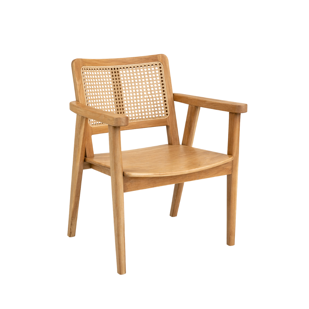 Solid teak rattan dining armchair with woven rattan backrest, curved wooden seat, straight arms, angled legs, and natural tea