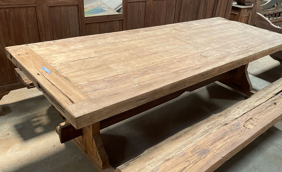 Reclaimed teak dining table with benches