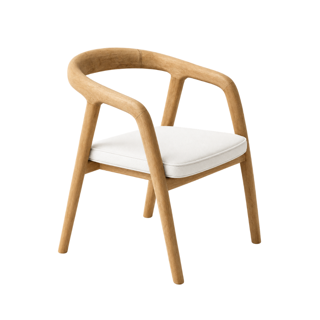 Bukit Upholstered Teak Dining Chair with a curved solid teak frame and white upholstered seat cushion.