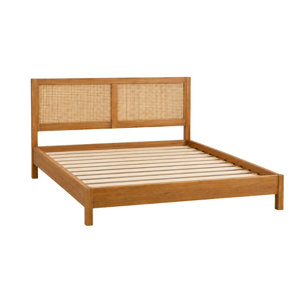 Solid Indonesian teak bed frame with natural rattan headboard, modern tropical bedroom furniture design