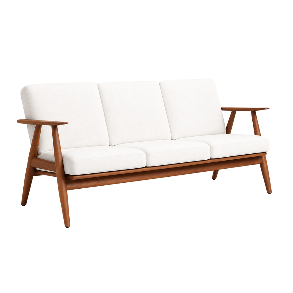 Riva Teak Sofa crafted from solid Indonesian teak with three white outdoor cushions shown in a front three-quarter product vi