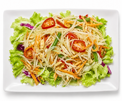 Thai green papaya salad with tomatoes, long beans, peanuts, chili, and fresh lettuce.