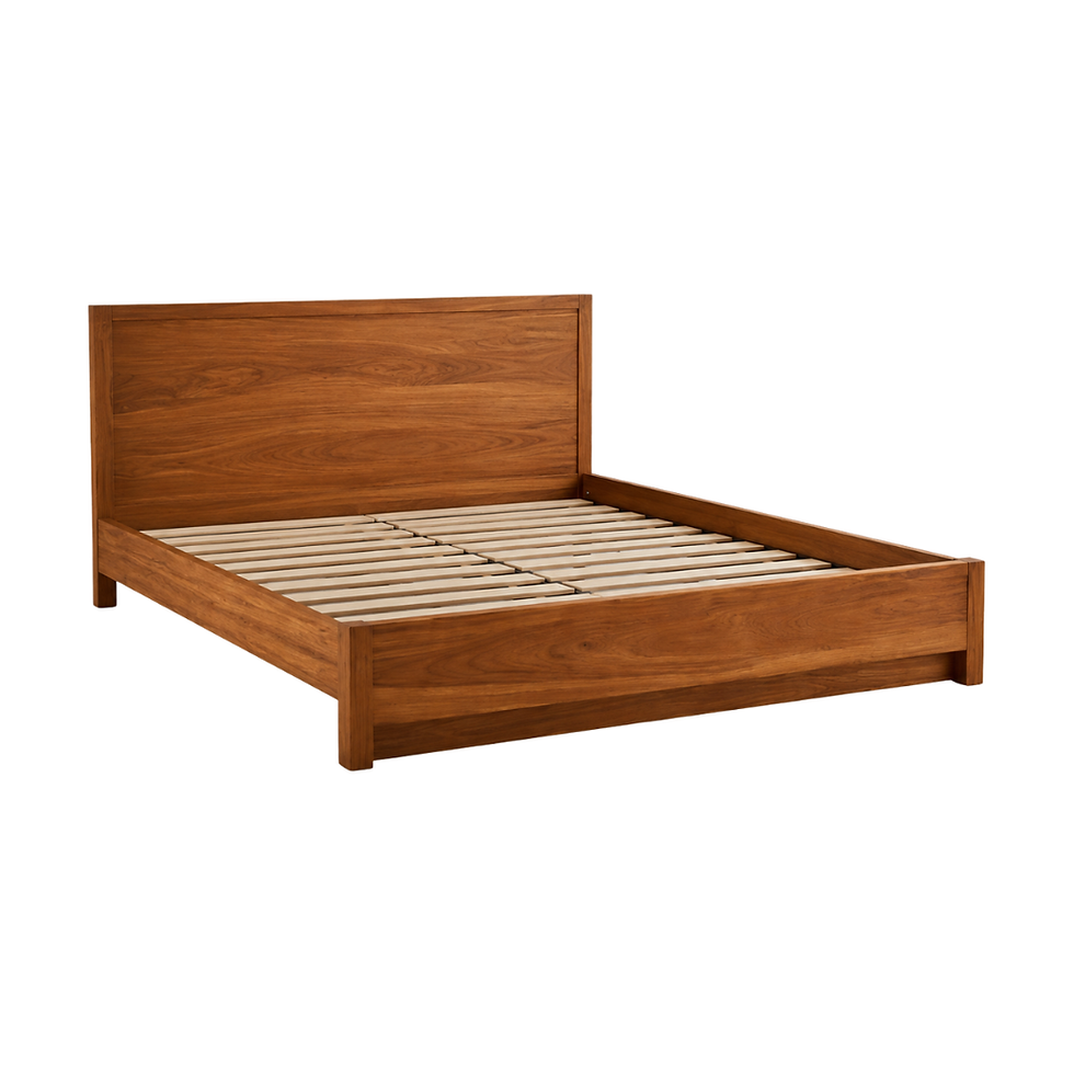 Solid Indonesian teak bed frame with structured modern design and premium craftsmanship