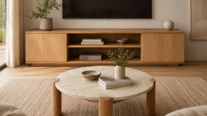 Modern teak media console and round stone-top coffee table in a warm, neutral living room.