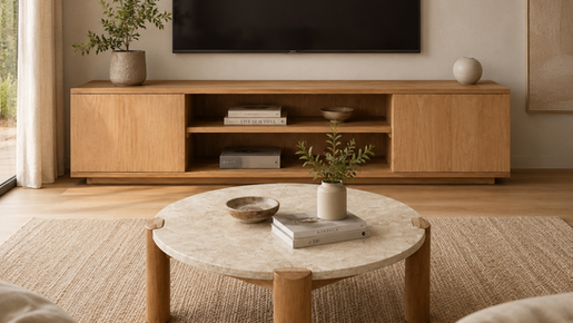 Modern teak media console and round stone-top coffee table in a warm, neutral living room.
