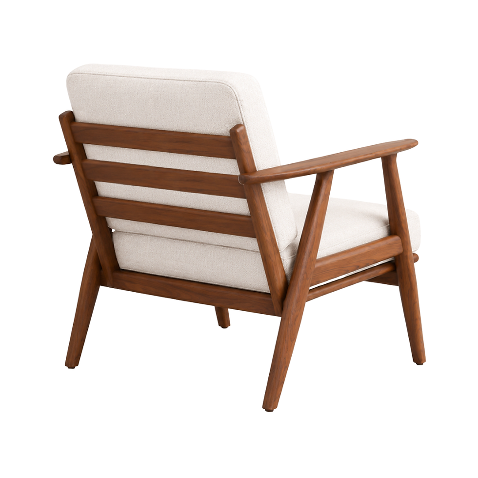 Thumbnail: Rear view of the Riva teak lounge chair highlighting the angled solid teak frame, slatted backrest, and cream  cushions.