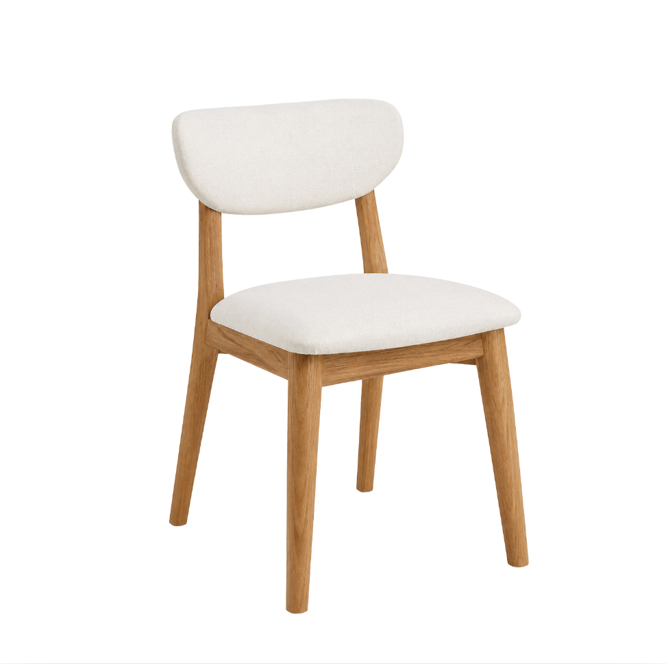 Margot Upholstered Teak Dining Chair with a natural teak frame, white upholstered seat, and curved upholstered backrest.