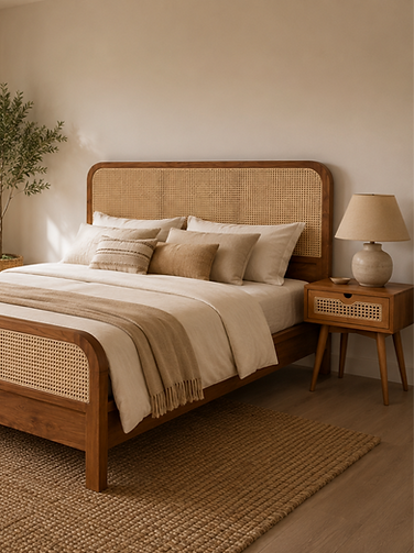 Minimalistic Teak Bedframe with Rattan Details and matching Bedside Table