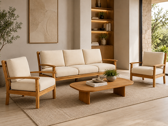 Modern teak living room set with a three-seat sofa, two armchairs, cream cushions, and an oval wooden coffee table in a warm, neutral interior.