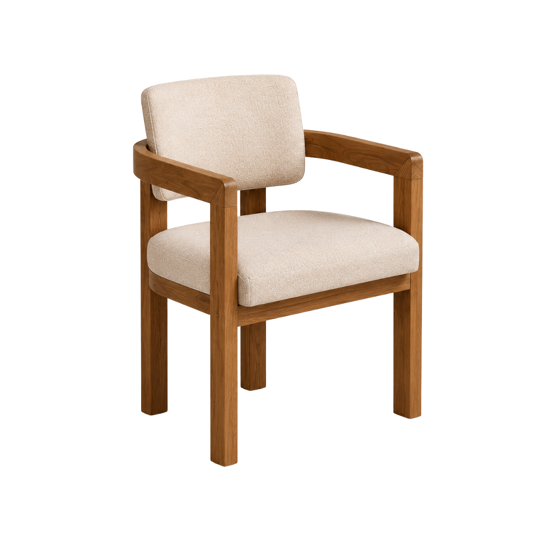 Loka Upholstered Teak Dining Chair with a solid teak frame, upholstered seat, and upholstered backrest.