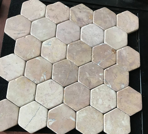 Natural travertine hexagon mosaic tile sheet designed for interlocking stone flooring and wall installations.