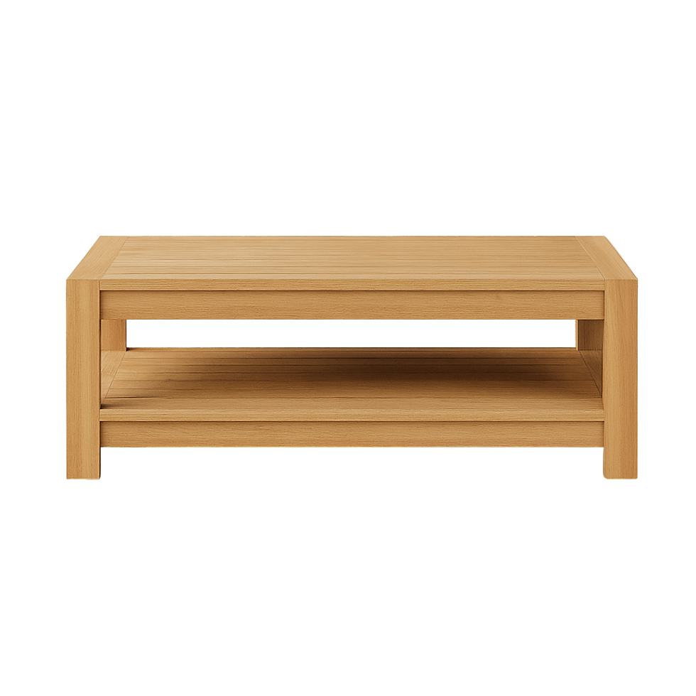 Minimalist solid teak coffee table with straight legs, clean rectangular frame, and open lower shelf.