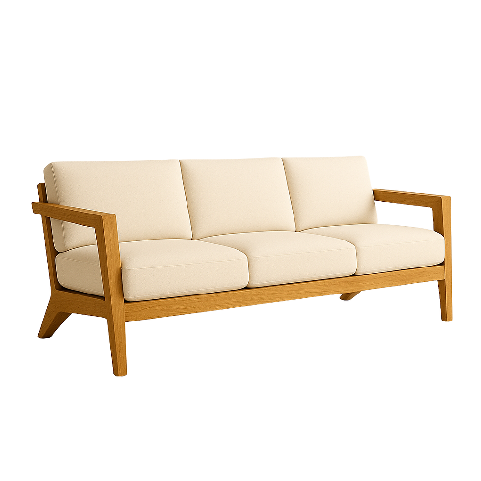 3-seater teak sofa couch with straight modern arms, Indonesian teak furniture.