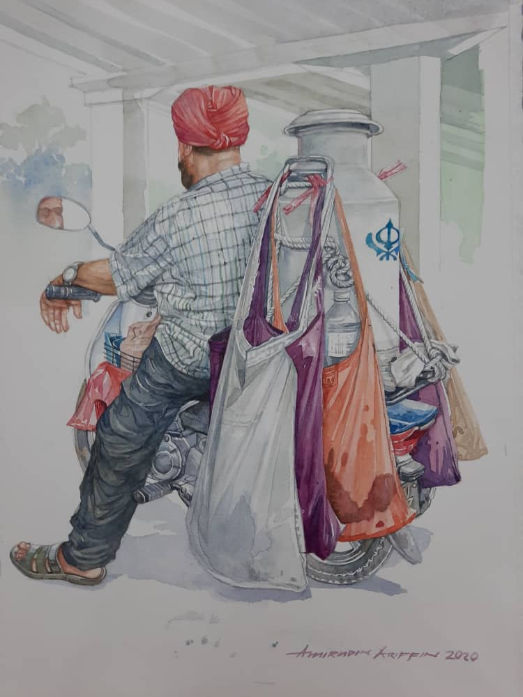 Painting of a milk man on a scooter