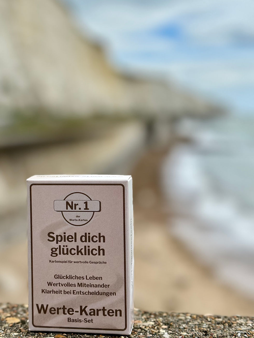 Miniaturbild: Werte-Karten Basis-Set vor einer verschwommenen Küstenlandschaft – Kartenspiel für wertvolle Gespräche und Klarheit
