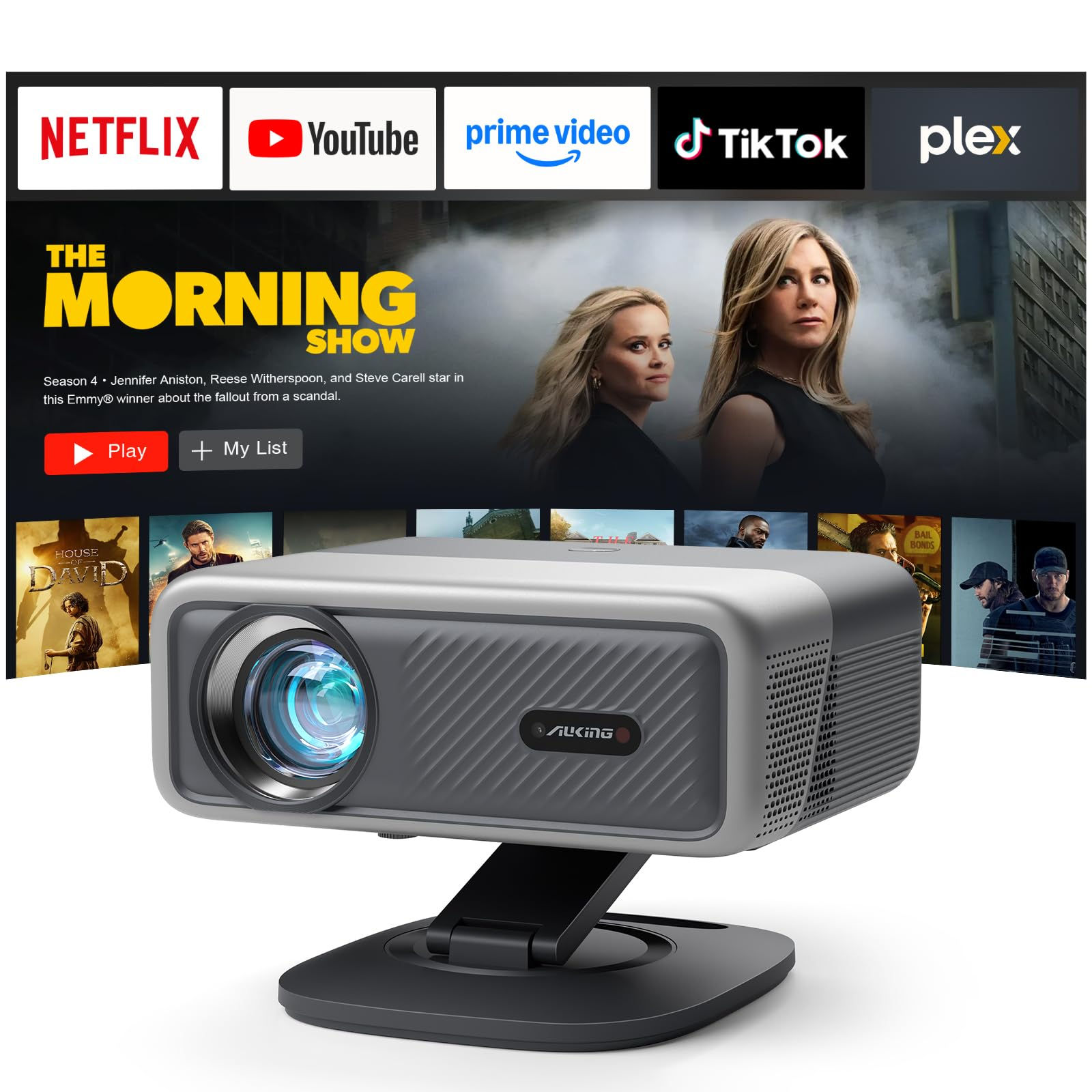 Portable projector displaying streaming apps and a TV show